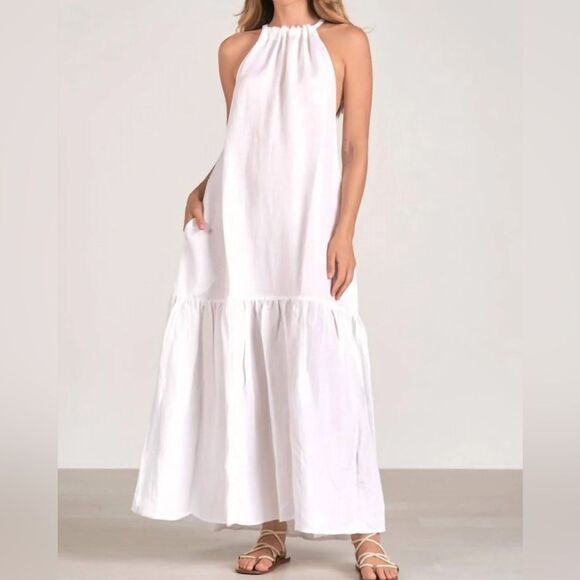 ELAN Linen Blend Tiered Halter Maxi Dress Relaxed Fit High Neck White Medium NWT - Picture 1 of 15